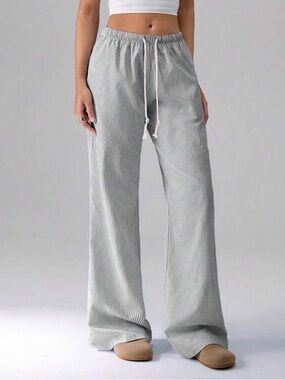 NEW Striped Wide-Leg Drawstring Pants - Light Gray